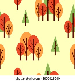 Seamless pattern with autumn trees. Red, green and orange. Yellow background. Cartoon flat style. Garden or forest. Nature and ecology. Postcards, wallpaper, textile, scrapbooking and wrapping paper