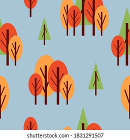 Seamless pattern with autumn trees. Red, green and orange. Gray background. Cartoon flat style. Garden or forest. Nature and ecology. Postcards, wallpaper, textile, scrapbooking and wrapping paper