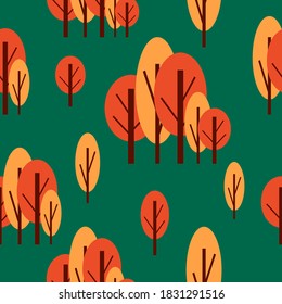 Seamless pattern with autumn trees. Red and pink. Green background. Cartoon flat style. Garden or forest. Nature and ecology. For postcards, wallpaper, textile, scrapbooking and wrapping paper