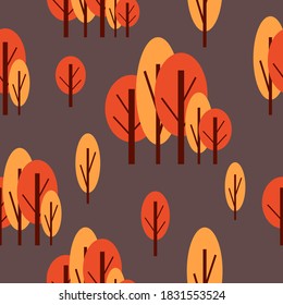 Seamless pattern with autumn trees. Red and pink. Brown background. Cartoon flat style. Garden or forest. Nature and ecology. For postcards, wallpaper, textile, scrapbooking and wrapping paper