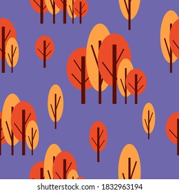 Seamless pattern with autumn trees. Red and pink. Violet background. Cartoon flat style. Garden or forest. Nature and ecology. For postcards, wallpaper, textile, scrapbooking and wrapping paper