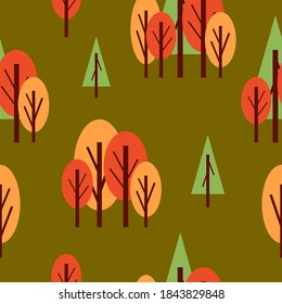 Seamless pattern with autumn trees. Red, green and orange. Green background. Cartoon flat style. Garden or forest. Nature and ecology. Postcards, wallpaper, textile, scrapbooking and wrapping paper