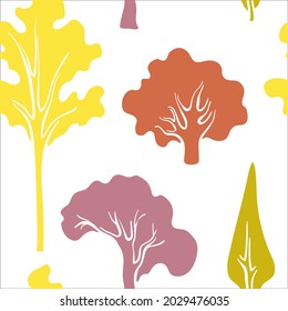 Seamless pattern with autumn trees silhouettes. Colorful paper cut fall woods collection isolated on white background. Doodle hand drawn vector illustration.