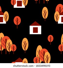 Seamless pattern with autumn trees and white country house. Red and orange. Black background. Cartoon flat style. Garden or forest. Postcards, wallpaper, textile, scrapbooking and wrapping paper