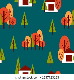 Patrón sin foco con árboles de otoño y casa de campo blanca. Rojo, verde y naranja. Fondo verde oscuro. Estilo de caricatura. Jardín, bosque. Postales, papel pintado, textil, papel de depósito de chatarra y papel de embalaje