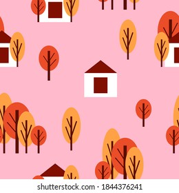 Patrón sin foco con árboles de otoño y casa de campo blanca. Rojo y naranja. Fondo rosa. Caricatura de estilo plano. Jardín o bosque. Postales, papel pintado, textil, papel de depósito de chatarra y papel de embalaje