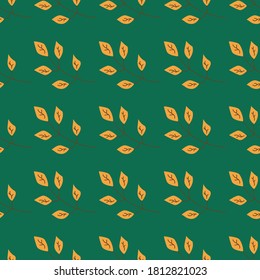 Patrón sin foco con ramitas otoñales sobre un fondo verde. Papel o tela envuelto. Ilustración vectorial colorida