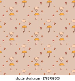 Nahtloses Muster. Herbst - Regenschirm, Wolke und Regen, Blätter und Beeren, Pilz auf hellem Hintergrund. Für Herbstdekoration und -design, Verpackung und Druck. Vektorgrafik 
