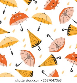 Seamless pattern of autumn umbrellas in yellow and orange with raindrops. Flat vector background