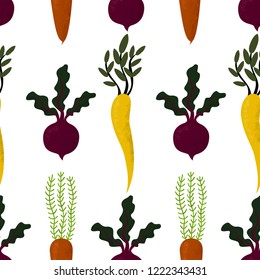 Seamless pattern of autumn vegetables - beetroot, carrot, parsnip with green leaves on white background