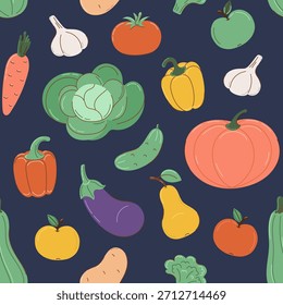 Padrão sem costura com legumes de outono em estilo plano com contorno parcial. No fundo escuro. Conceito de outono e colheita. Ilustração vetorial.