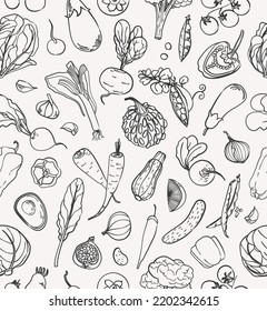 Seamless pattern with autumn vegetables. Linear black doodle sketch. Pumpkin, tomato, eggplant, beetroot, carrot, onion and radish. Fall harvest flat illustration for wallpaper, wrapping, textile