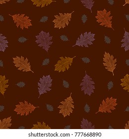 Seamless pattern from autumn vintage leaves of northern red oak on a brown background (Quercus rubra)