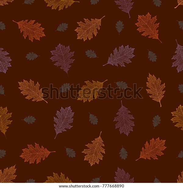 Seamless pattern from autumn\
vintage leaves of northern red oak on a brown background (Quercus\
rubra)