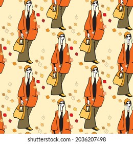seamless pattern autumn walk trendy sketch girl in orange short coat and autumn leaves vector