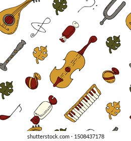 Seamless pattern. Autumn Waltz. Lute and piano, violin and flute. Treble and bass clef, sheet music and tuning fork. Sweets and leaves.