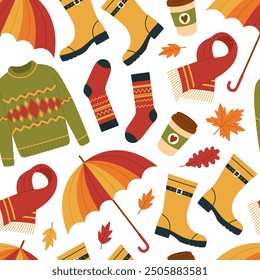 Seamless pattern with autumn warm clothes. Sweater, scarf, rubber boots, socks, umbrella and coffee cup. Cozy outdoor outfit. Fall season print. Vector flat illustration isolated on white background