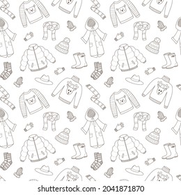 Seamless pattern with autumn warm outerwear. Clothing, rubber boots, gloves, socks. Monochrome backdrop with linear Outline doodle elements. Black and white vector pattern on a white background.