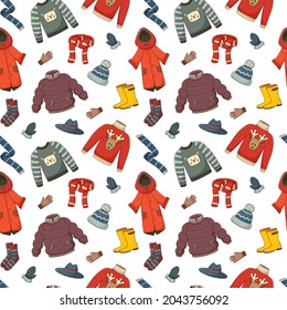 Patrón sin foco con ropa exterior cálida de otoño. Ropa, botas de goma, guantes, medias. Fondo con elementos de doodle de color. Patrón vectorial colorido brillante aislado en un fondo blanco.