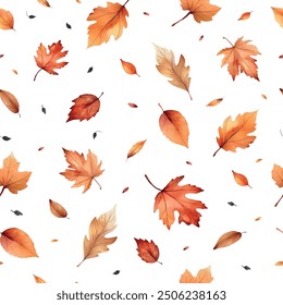 Seamless Pattern with Autumn Watercolor Leaves Hand Drawn. Vector