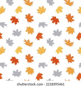 Seamless pattern of autumn wedge leaves of orange, yellow and gray colors with veins. Vector illustration isolated for manamanal backgrounds.