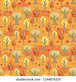 Seamless pattern with autumn woodland. Colorful vector background.