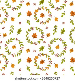 Seamless pattern of autumn wreath mixed with fall leaves, branches and berries. Great for seasonal textile and backgrounds.