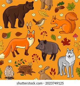 seamless pattern autumn yellow forest and animals