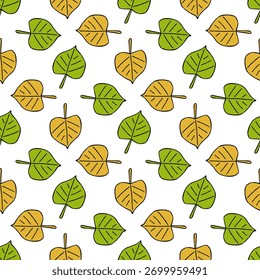 seamless pattern with autumn yellow and green leaves on white background. vector image.