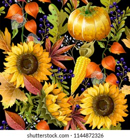 Seamless pattern with autumn yellow leaves, sunflowers and pumpkins. Vector illustration.