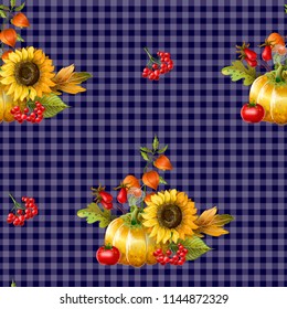 Seamless pattern with autumn yellow leaves, sunflowers and pumpkins. Vector illustration.