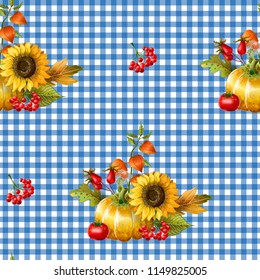 Seamless pattern with autumn yellow leaves, sunflowers and pumpkins. 