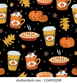 Seamless pattern. Autumn yellow leaves and pie with a cup of coffee