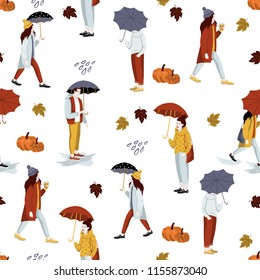 Seamless pattern. Autumn yellow leaves, pumpkin and people in the rain