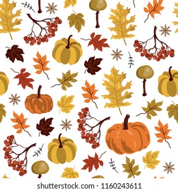 Seamless pattern. Autumn yellow leaves and pumpkin with berries