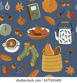 Seamless pattern. Autumn yellow leaves, pumpkin, florals, socks, apple. Perfect for wallpaper, gift paper, pattern fills, web page background, autumn greeting cards.