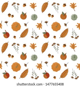 Seamless pattern. Autumn yellow leaves, pumpkin, florals, apple. Perfect for wallpaper, gift paper, pattern fills, web page background, autumn greeting cards.