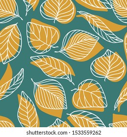 Seamless pattern with autumn yellow leaves of different shapes and white contours on a blue background. Vector texture in autumn pastel colors.