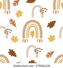 Seamless pattern. Autumn yellow leaves, rainbow, florals. Perfect for kids fall wallpaper, gift paper, pattern fills, web page background, autumn greeting cards.