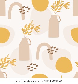 Seamless pattern. Autumn yellow leaves, vase, florals. Perfect for fall wallpaper, gift paper, pattern fills, web page background, autumn greeting cards.