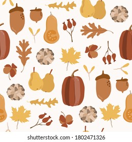 Nahtloses Muster. Herbstgelbe Blätter, Kürbis, Blumen, Akkorn. Perfekt für Herbst-Wallpaper, Geschenkpapier, Muster-Füllungen, Webseitenhintergrund, Herbst-Grußkarten.
