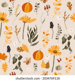 Seamless pattern. Autumn yellow leaves, pumpkin, florals, botanicals. Perfect for fall wallpaper, gift paper, pattern fills, web page background, fall greeting cards.