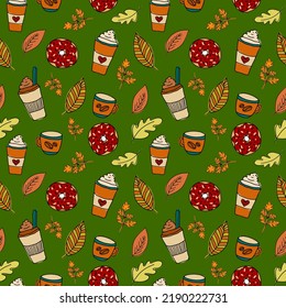 Seamless pattern. Autumn yellow leaves and pie with a cup of coffee on green background