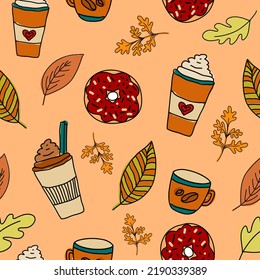 Seamless pattern. Autumn yellow leaves and pie with a cup of coffee on background