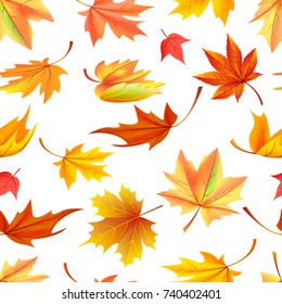 Seamless pattern with autumn yellow leaves, aging process, changing of leaf concept. Vector illustration with fallen orange maple in realistic design