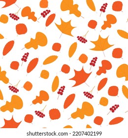 seamless pattern of autumn yellow and orange leaves, bunches of red berries on a light background