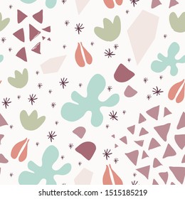 Seamless pattern in autumnal colors on white background. Abstract and natural shapes, flowers, fruits, seeds. Vector illustration, flat design