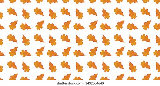 Seamless pattern of autumnal falling in different directions yellow-orange oak leaves on a white background. Vector.