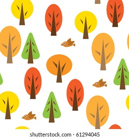 Seamless pattern with autumnal forest and birds. Vector illustration