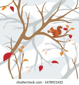 Seamless pattern, autumnal forest branches, squirrel sitting on a branch holding cone. Repetitive design.